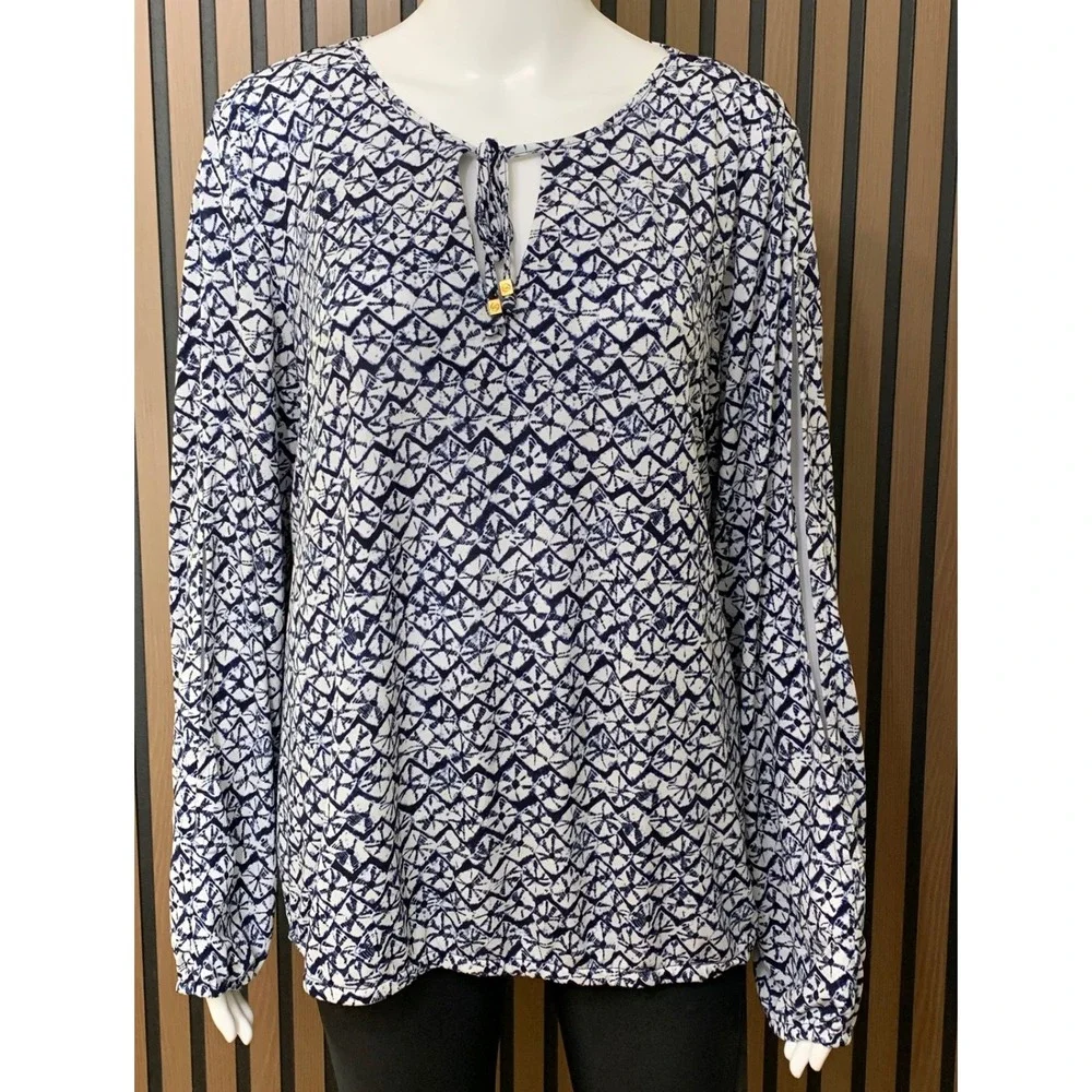 Michael Kors Women's Navy Blue White Geometric Keyhole Tie Neck Blouse Top XL